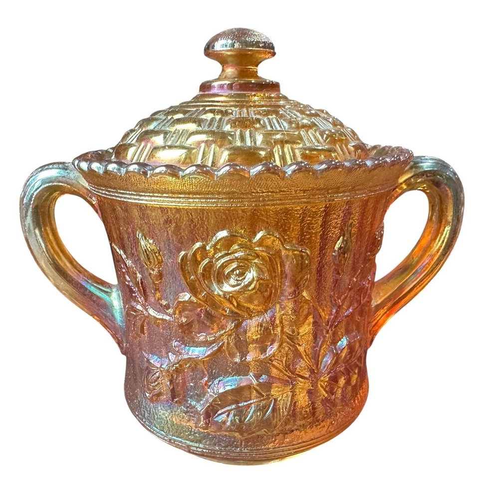 Imperial Carnival Glass Sugar Bowl Lid Marigold Open Luster Rose Vintage Deco